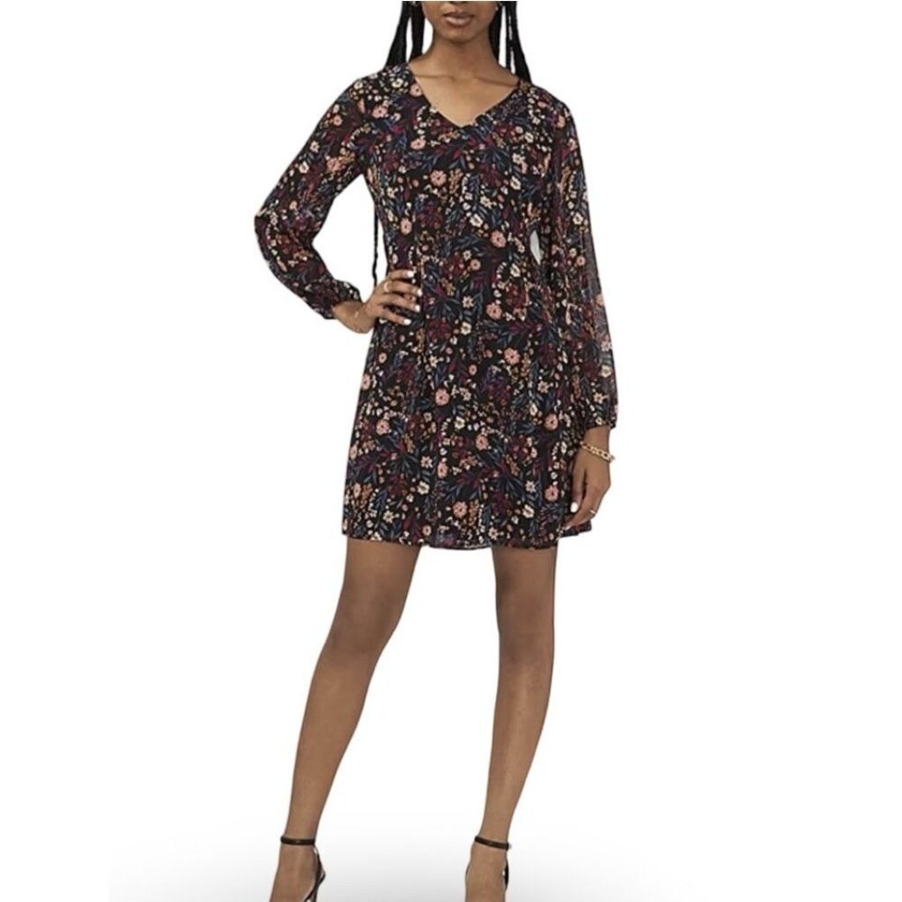MSK Floral Chiffon Shift Dress Womens L Tie Neck Black Pink‎ Long Sleeve Lined